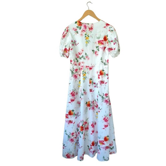 ZARA White Floral Linen Blend Midi Maxi Dress Puff Sleeve Medium - Picture 8 of 11